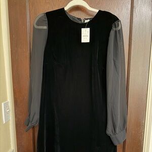J. Crew Factory Black Velvet Dress with Sheer Gray Sleeves